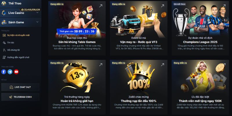 Các khuyến mãi nổi bật tại nhà cái Zo88